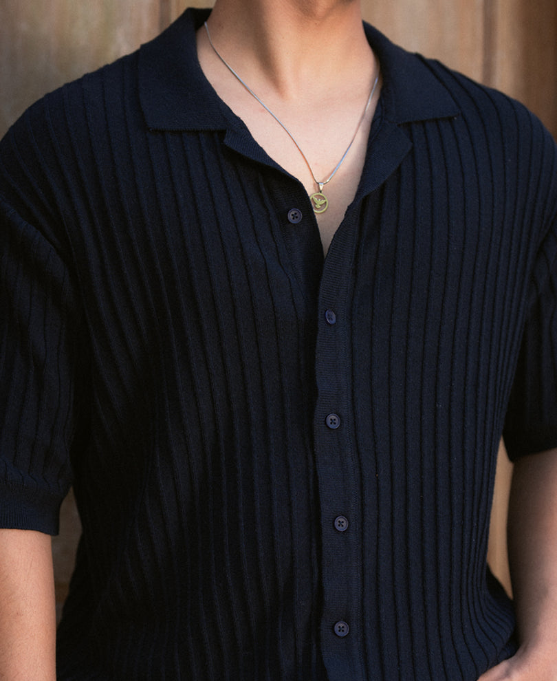 Navy Rib Knit Shirt.