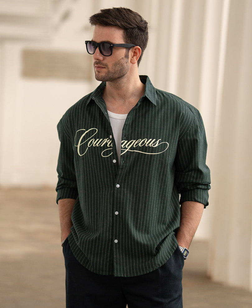 Green Calligraphy Print Stripe Shirt
