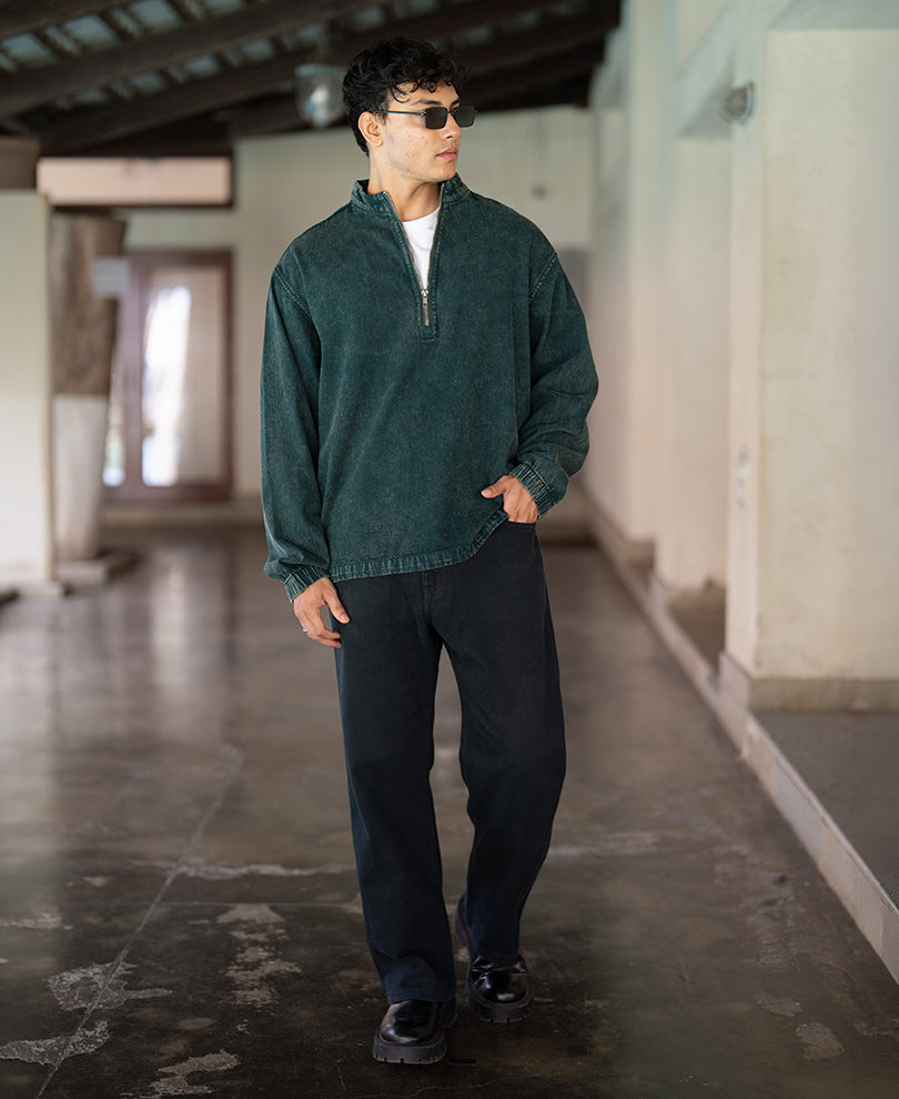 Teal Washed Denim Zipper Shirt