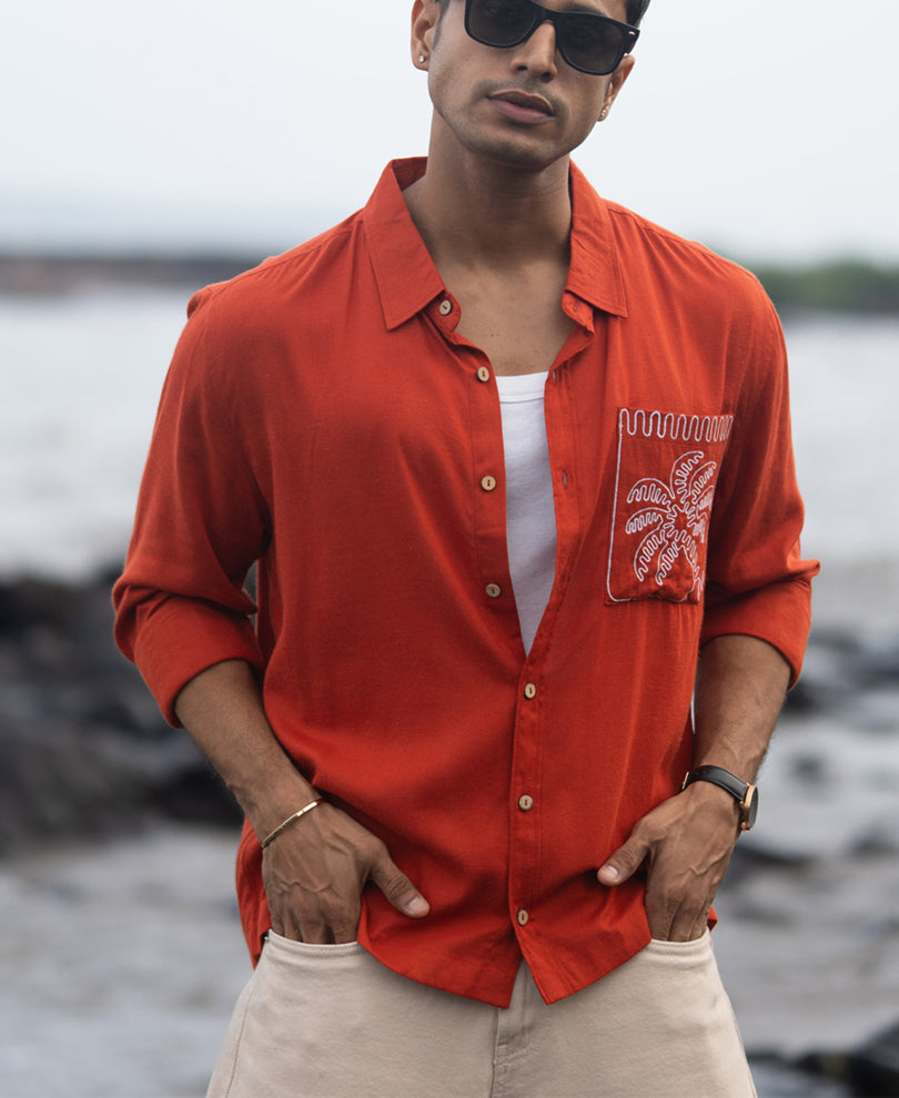 Spicy Orange Linen Blend Embroidery Shirt.
