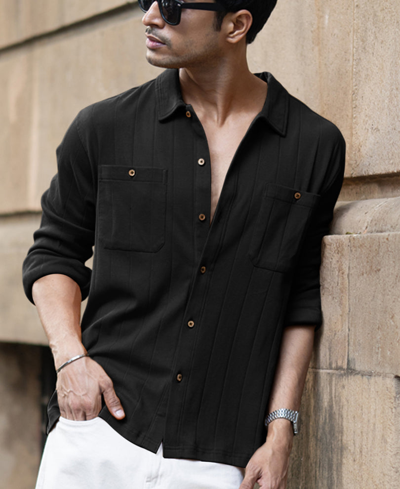 Black Double Pocket Knit Shirt.