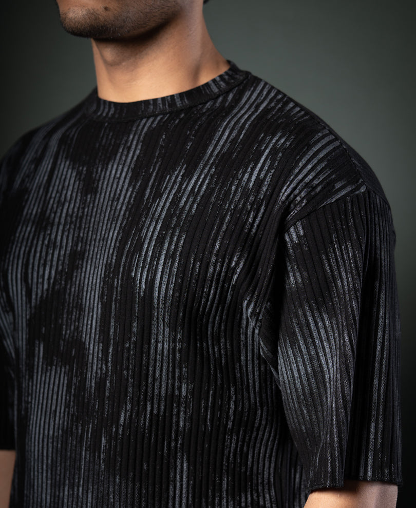 Black Printed Structure Stripe T-Shirt.