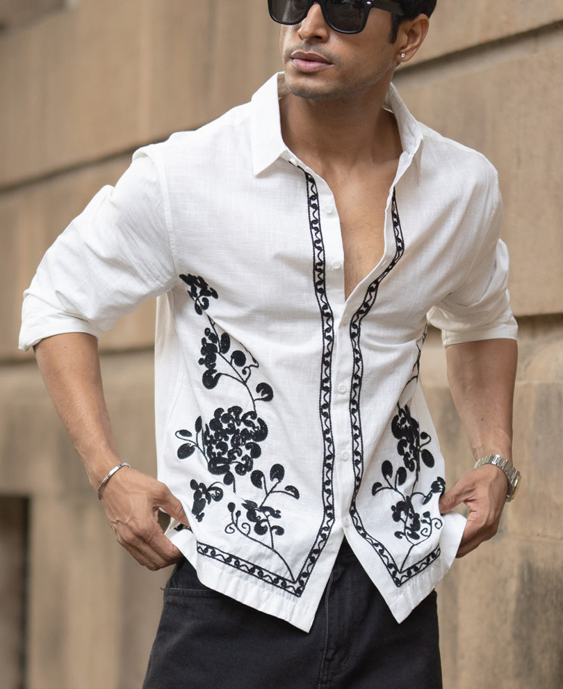 White Cotton Slub Embroidered Shirt.