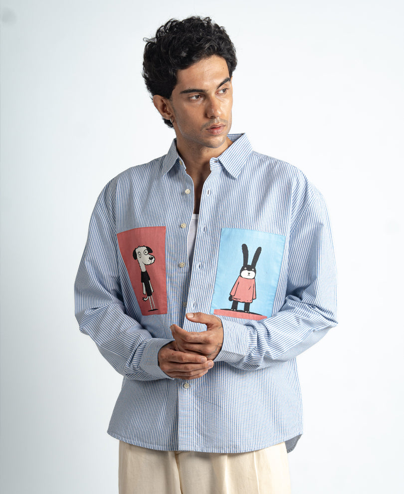 Blue Striped Animal Print Shirt 100% Cotton