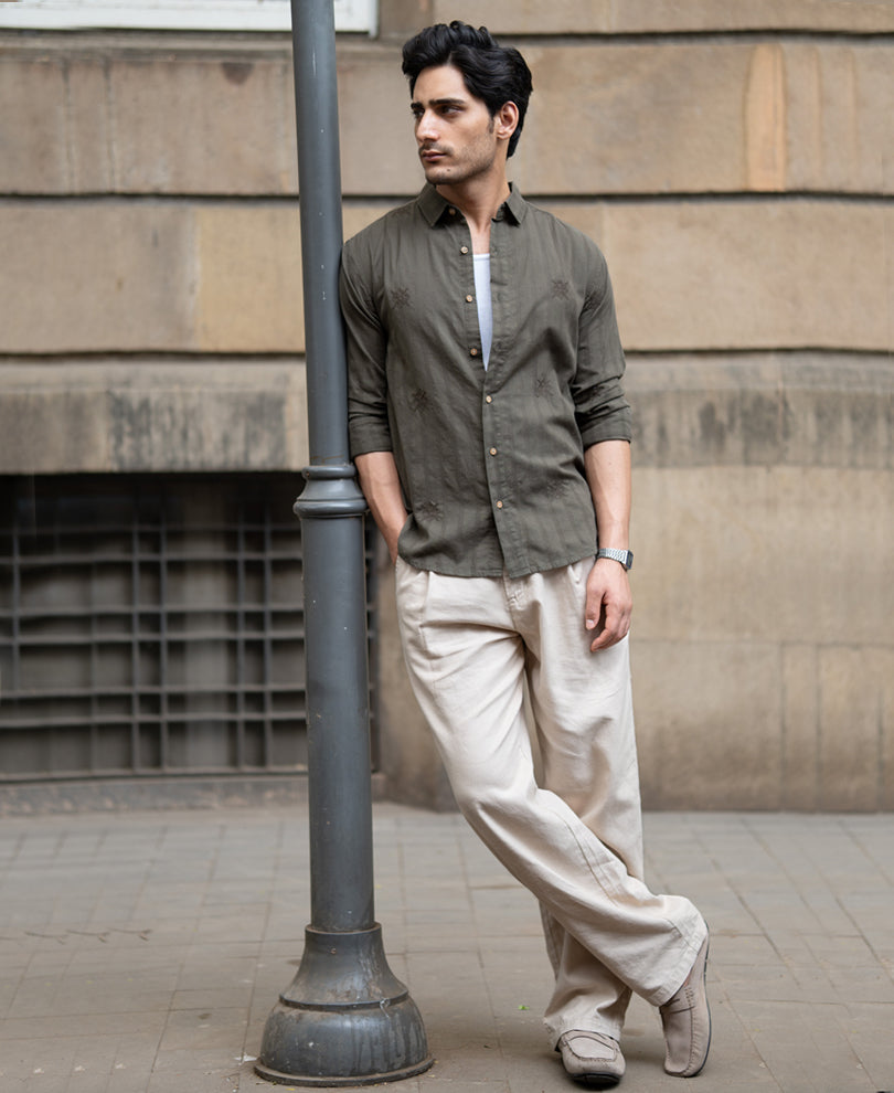 Olive Structure Embroidered Shirt.