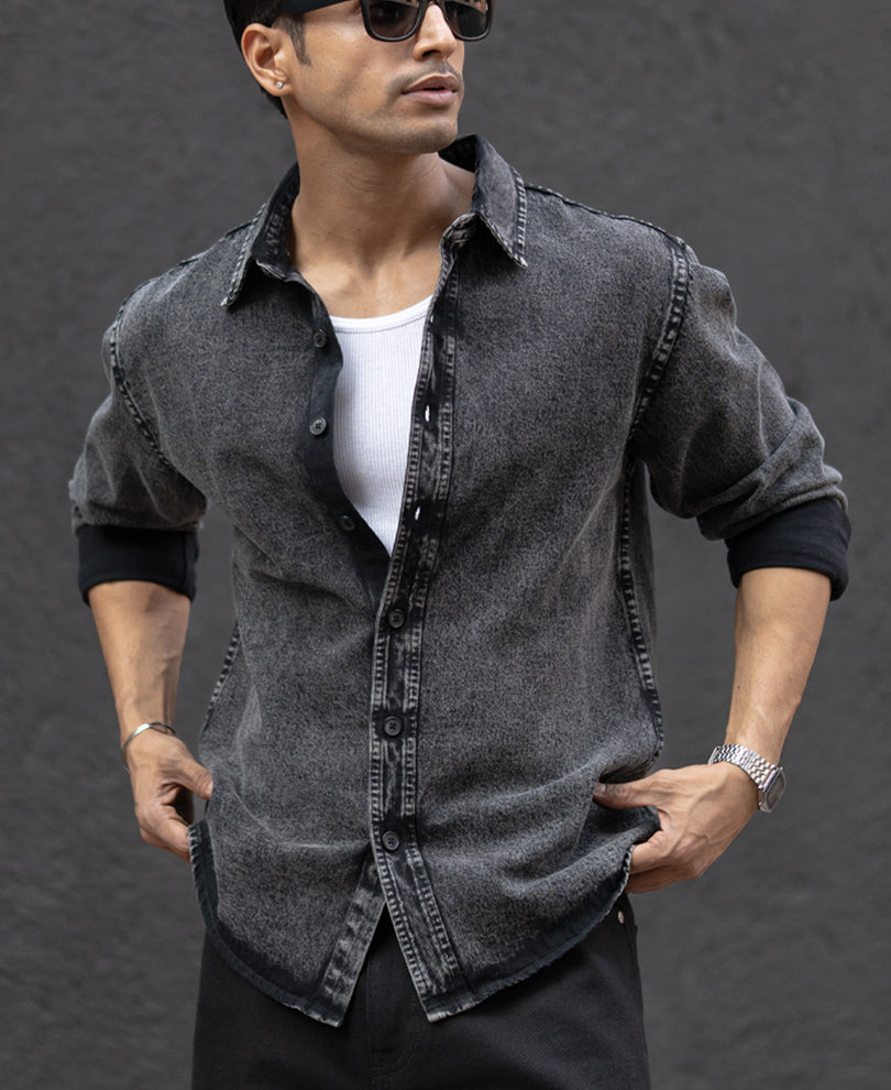 Charcoal Black Washed Denim Overshirt.