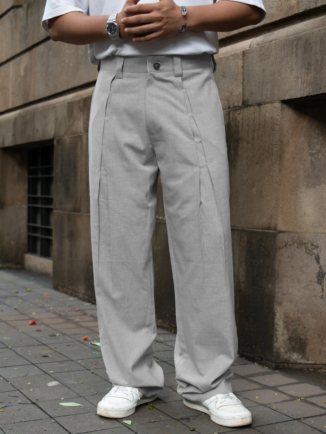 Grey Melange Pleated Trousers