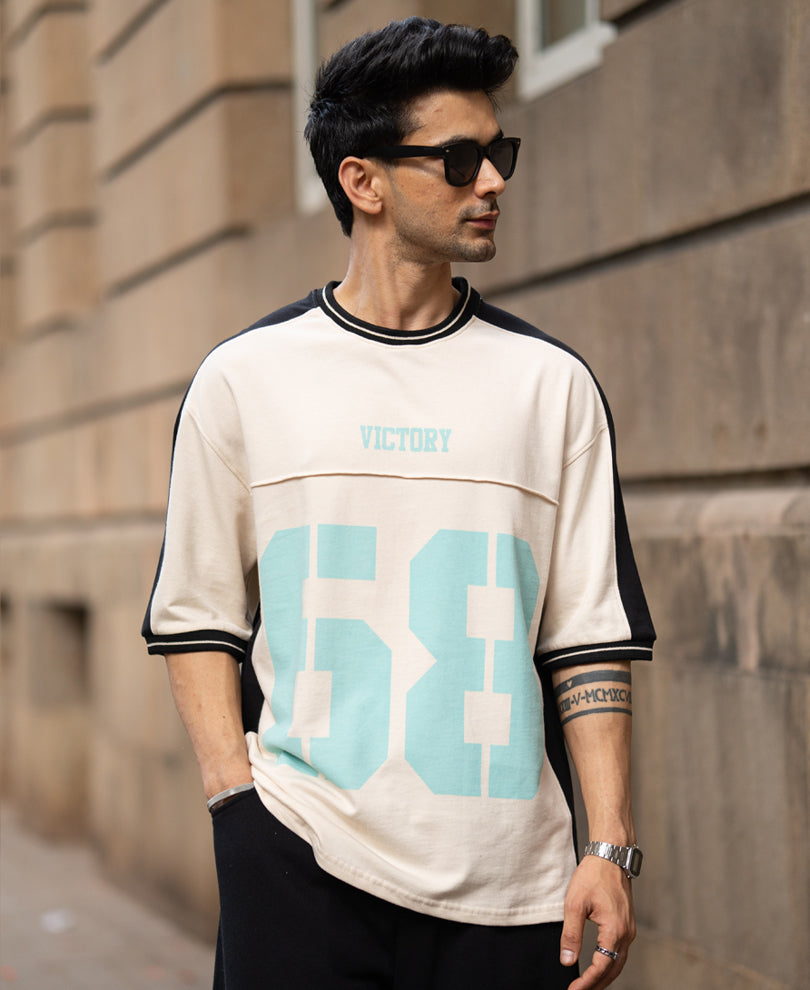 Cream & Black Panelled Graphic T-Shirt 100% Cotton