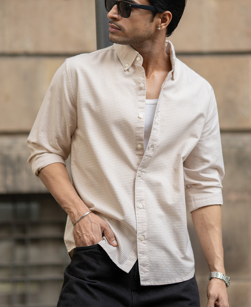 Beige Microchecks Oxford Shirt.