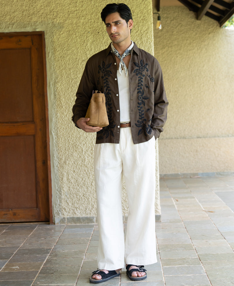 Brown Structure Embroidered Shirt 100% Cotton