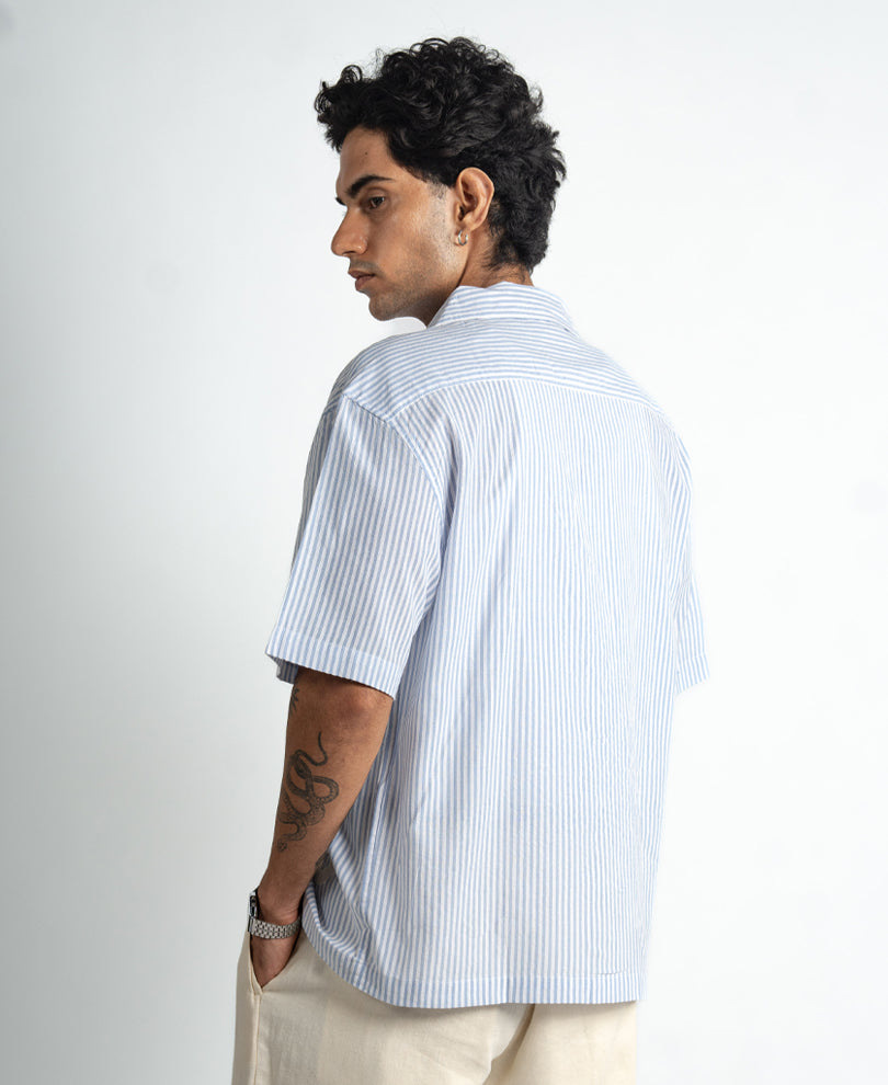Blue Floral Embroidery Stripe Shirt 100% Cotton