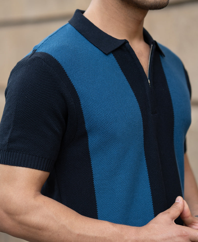 Dark Blue Stripe Knit T-Shirt.
