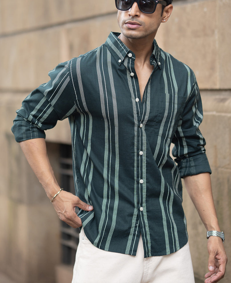 Dark Green Stripped Button Down Shirt.