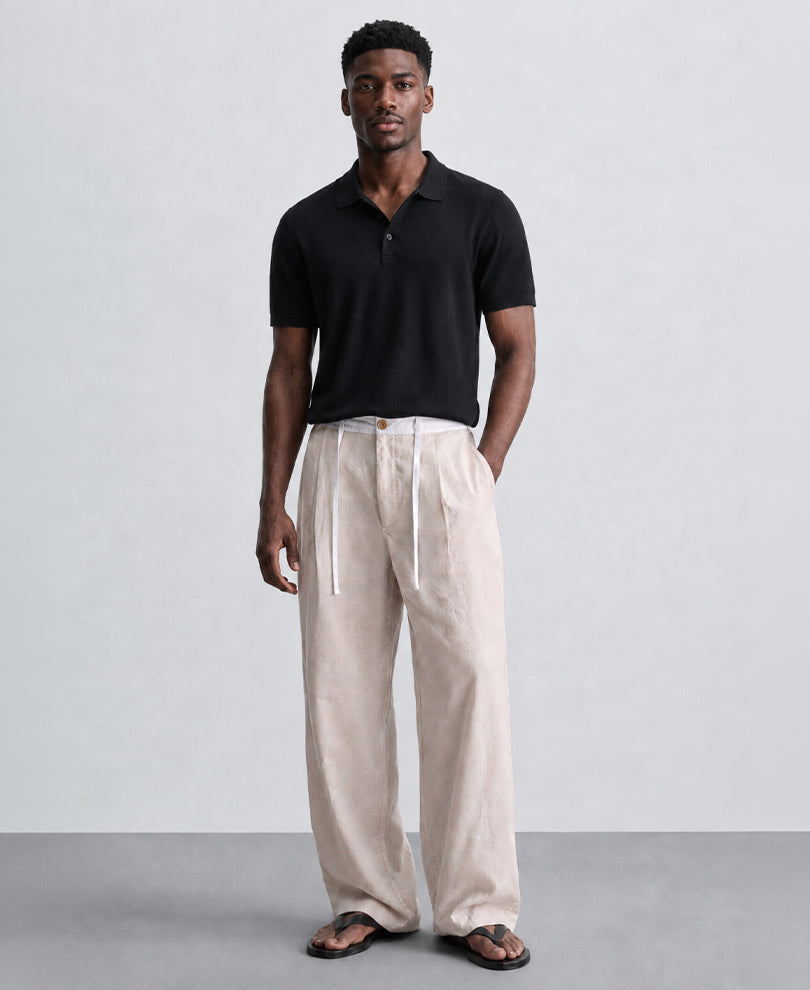 Beige Contrast Belt Linen Trouser