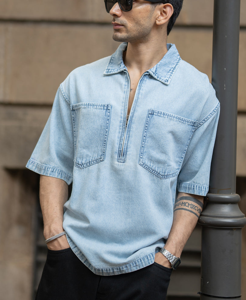 Washed Blue Boxy Fit Kurta Shirt.