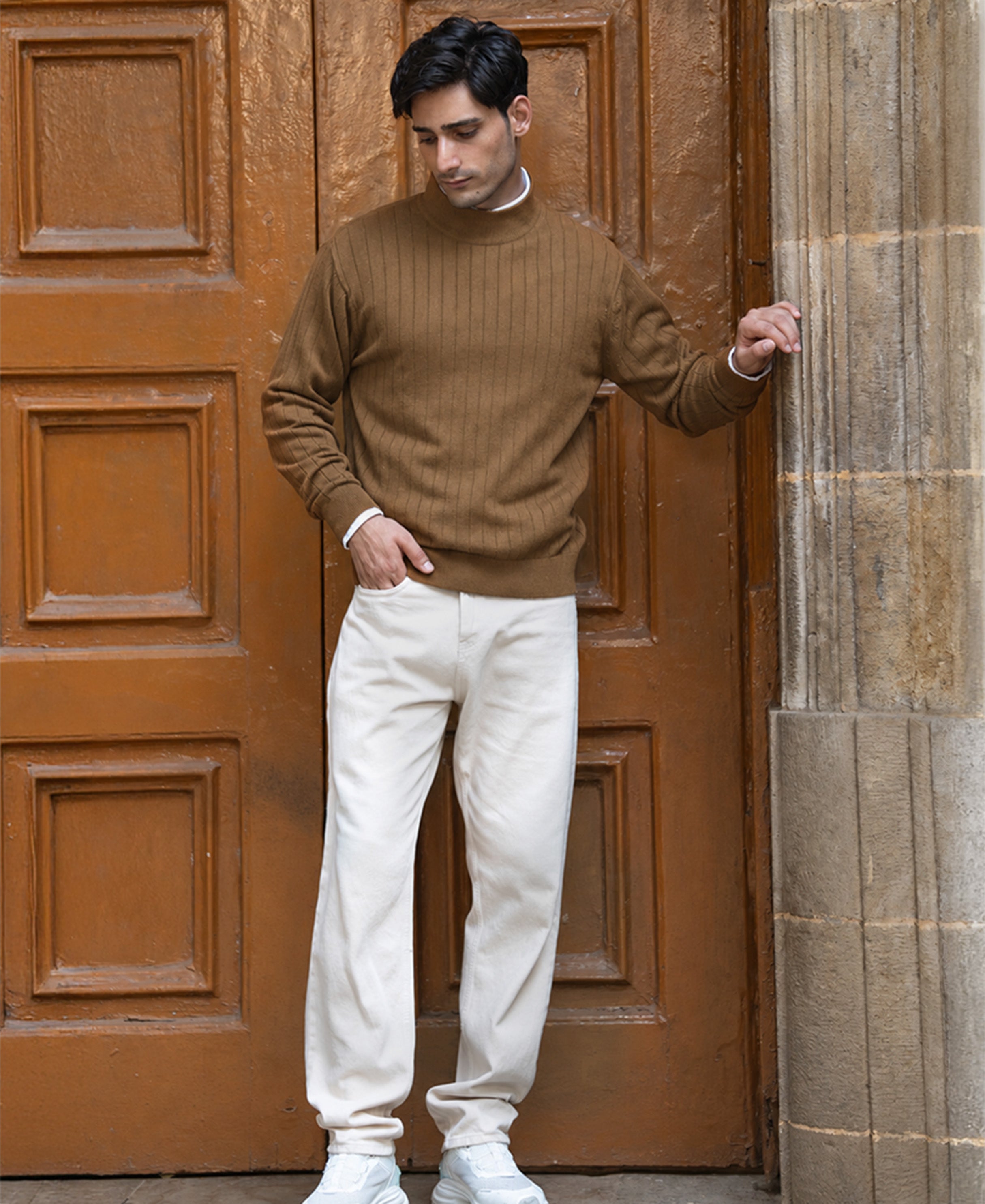 Tan High Neck Cotton Sweater 100% Cotton