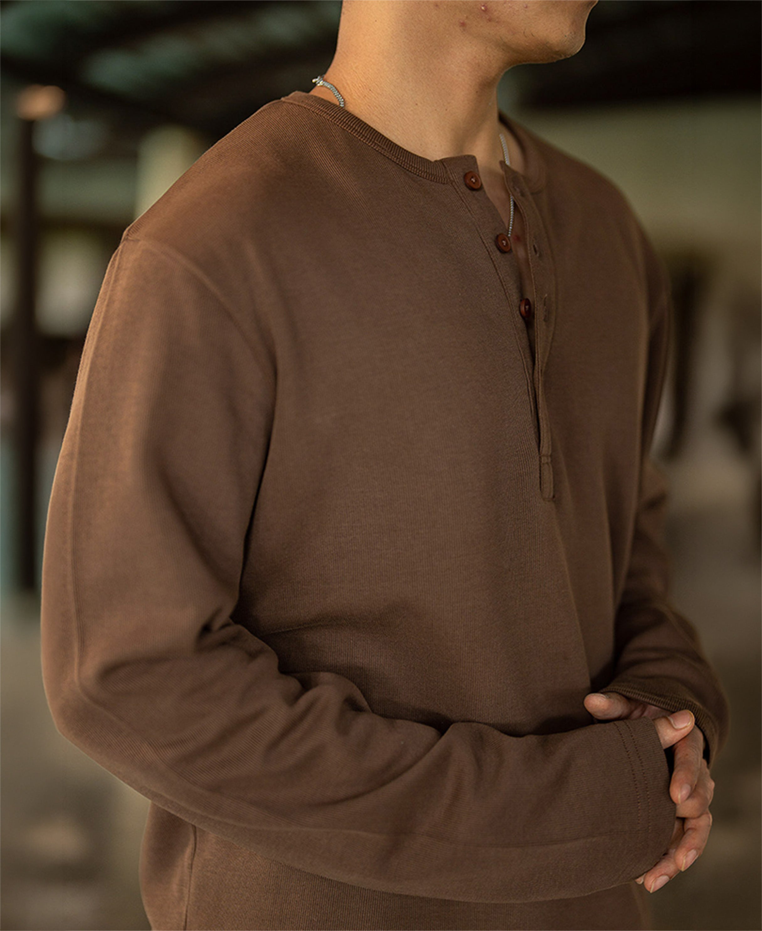 Brown Rib Knit Henley T-Shirt
