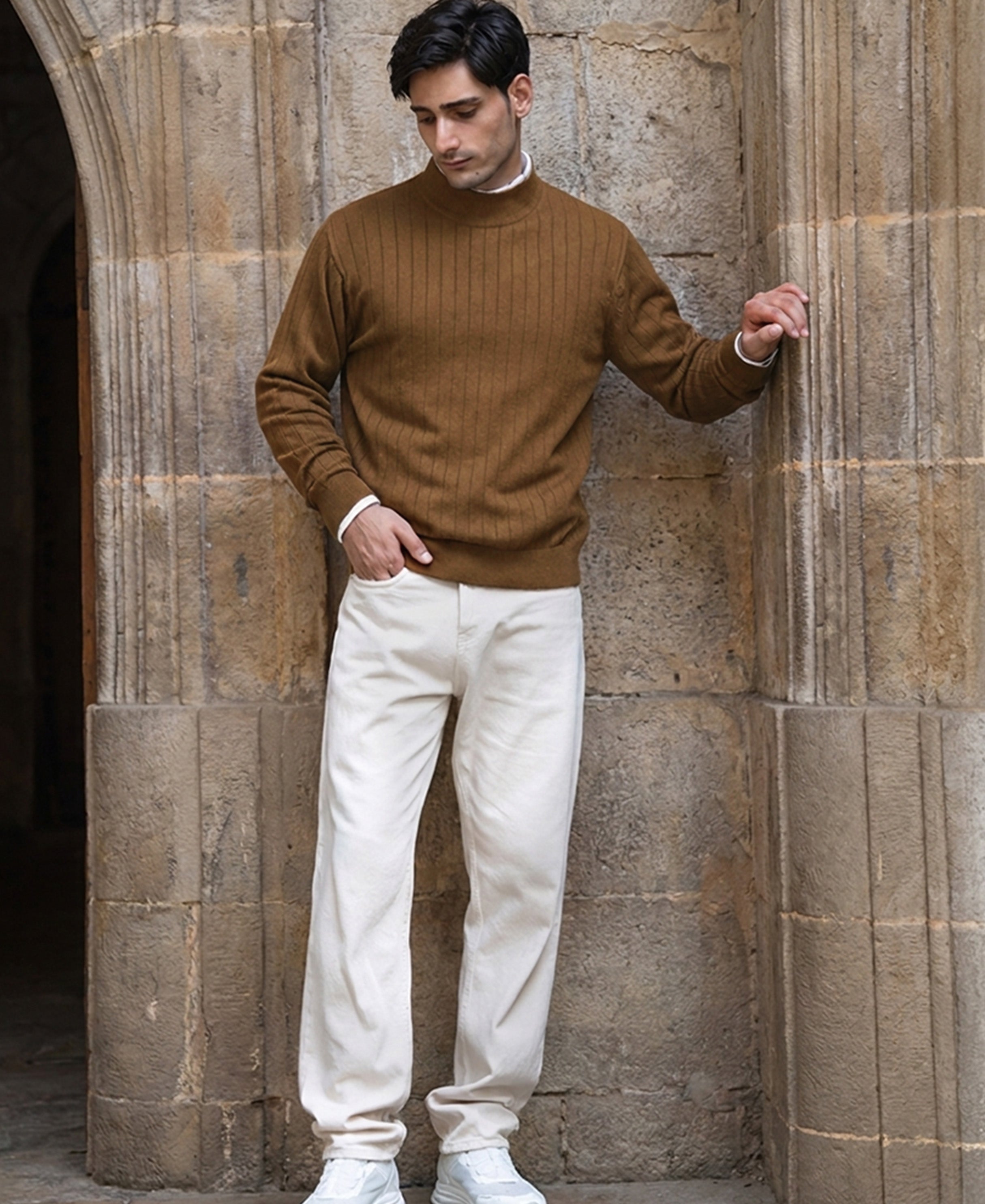 Tan High Neck Cotton Sweater 100% Cotton