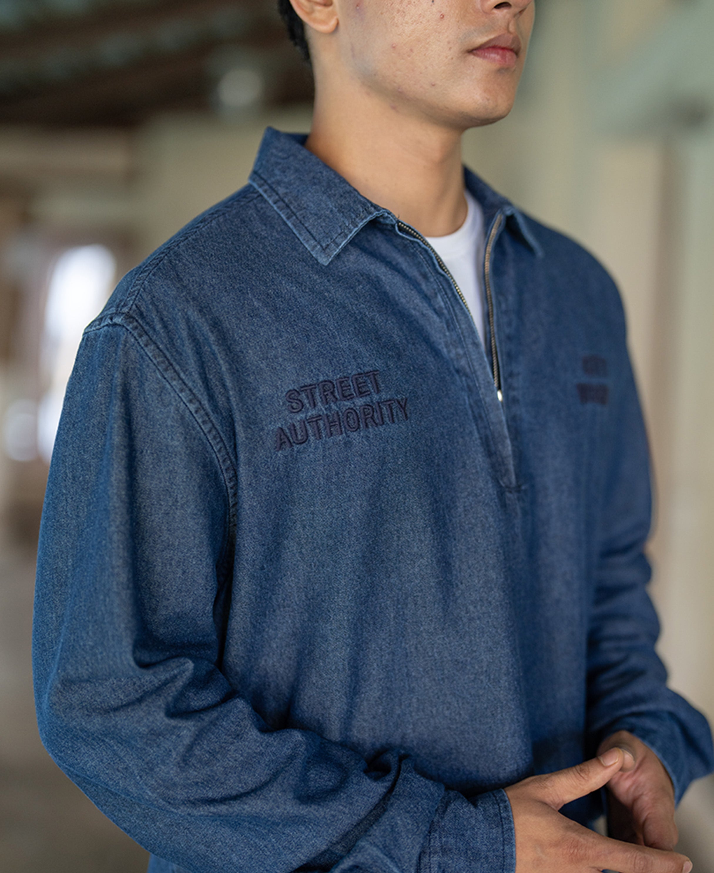 Indigo Embroidered Zipper Shirt 100% Cotton