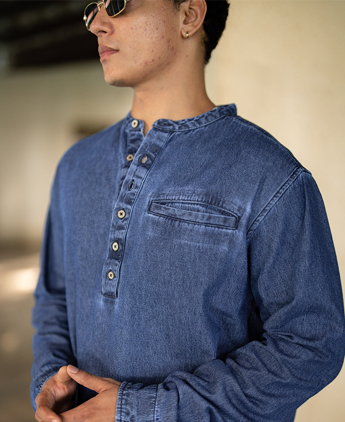 Blue Washed Denim Kurta Shirt