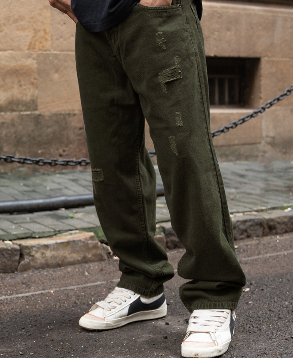 Olive Distress Baggy Jeans