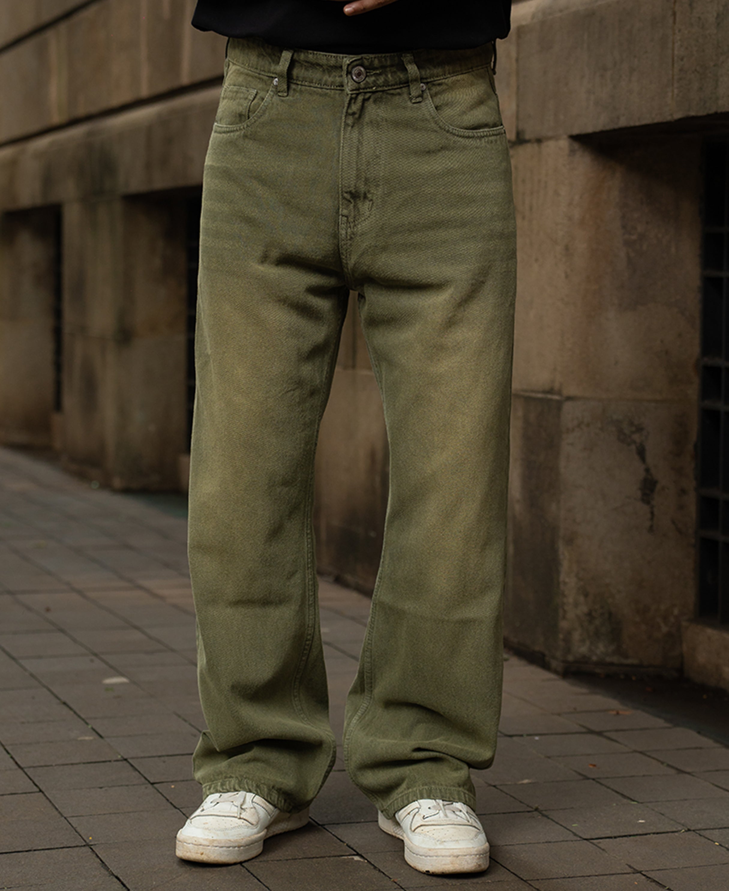 Olive Washed Baggy Jeans