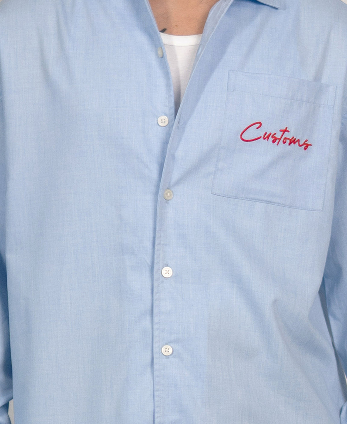 Blue Melange Embroidered Shirt 100% Cotton
