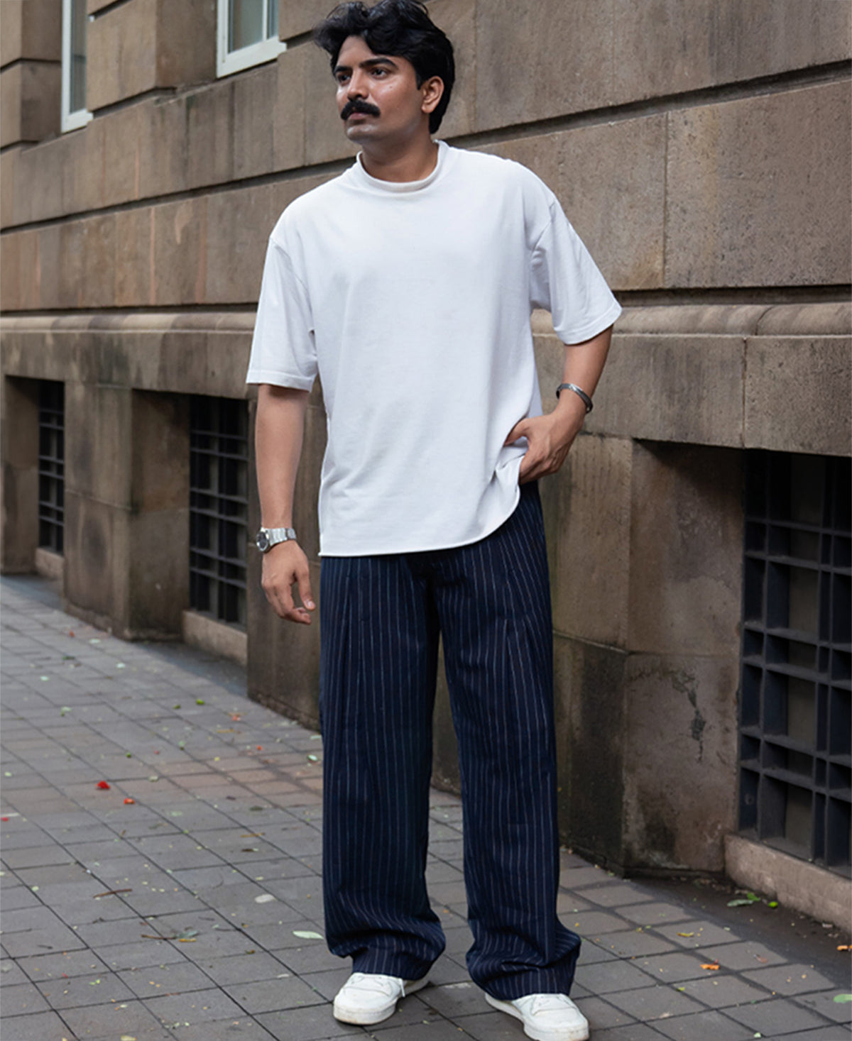 Navy Striped Pleated Trousers