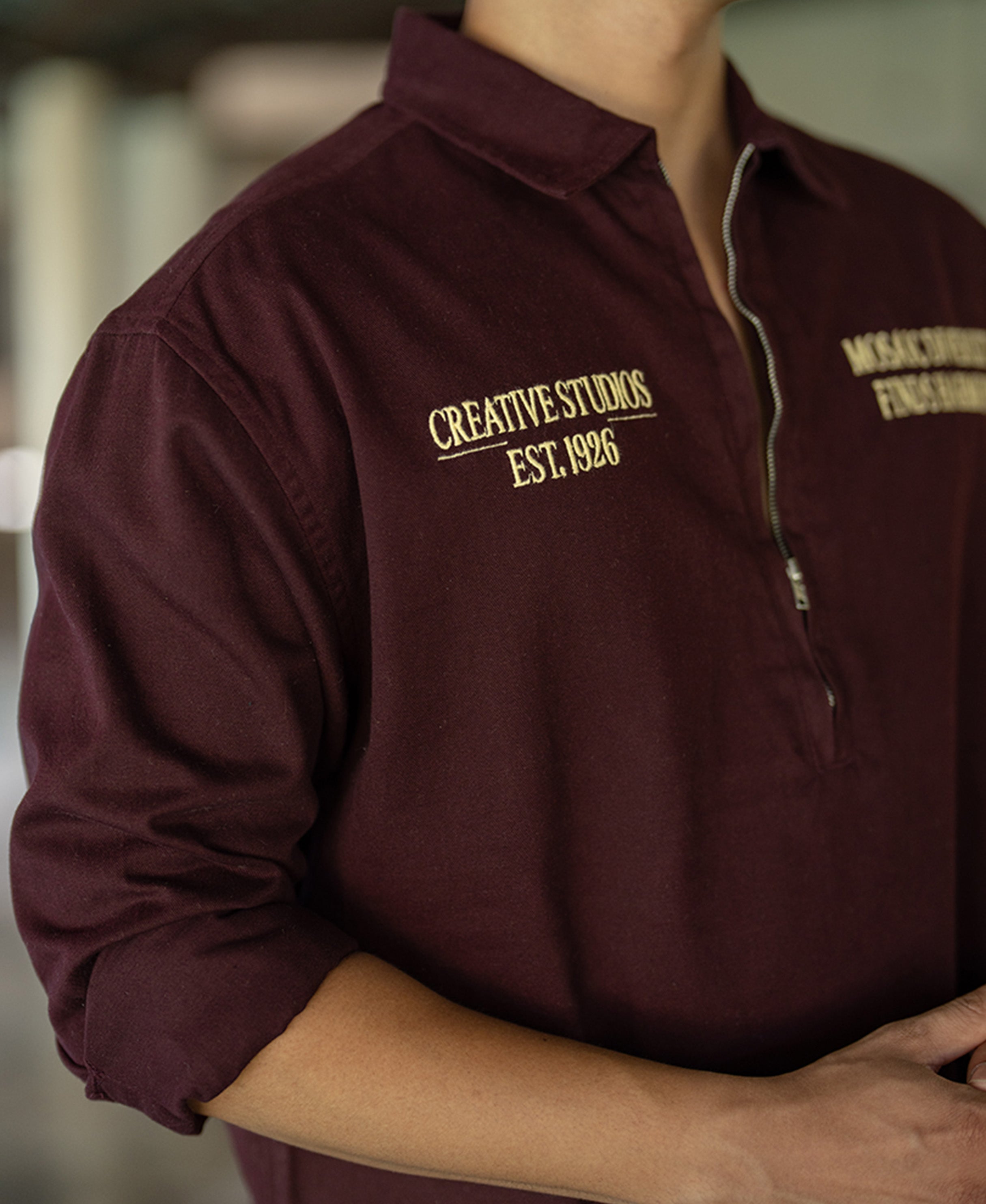 Wine Embroidered Zipper Shirt 100% Cotton
