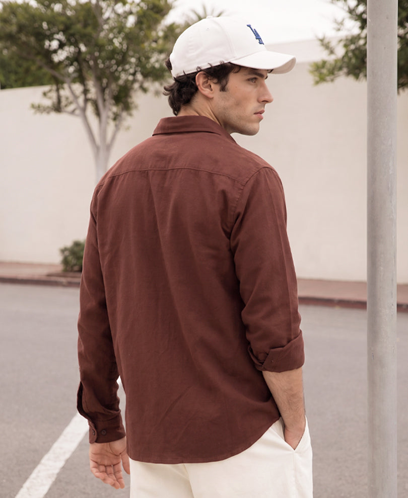 Brown Embroidered Patch Linen Shirt