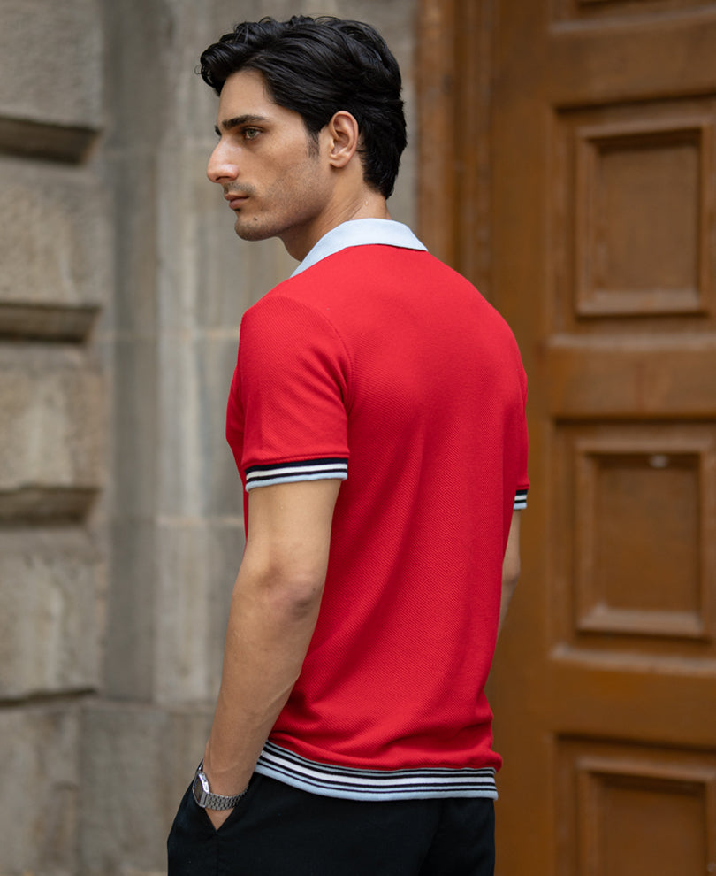 Red Structure Knit Polo T-Shirt