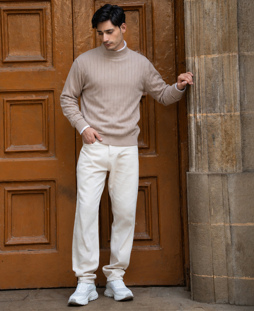 Beige High Neck Cotton Sweater 100% Cotton