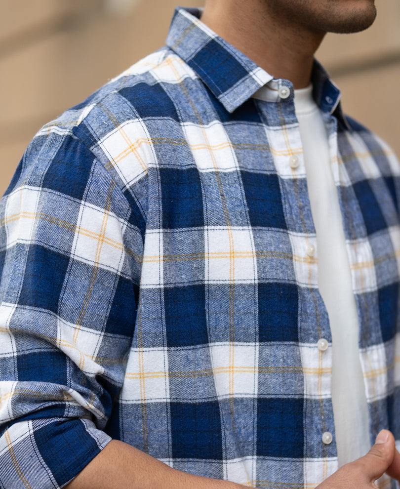 Blue Brushed Regular Fit Checks Shirt.