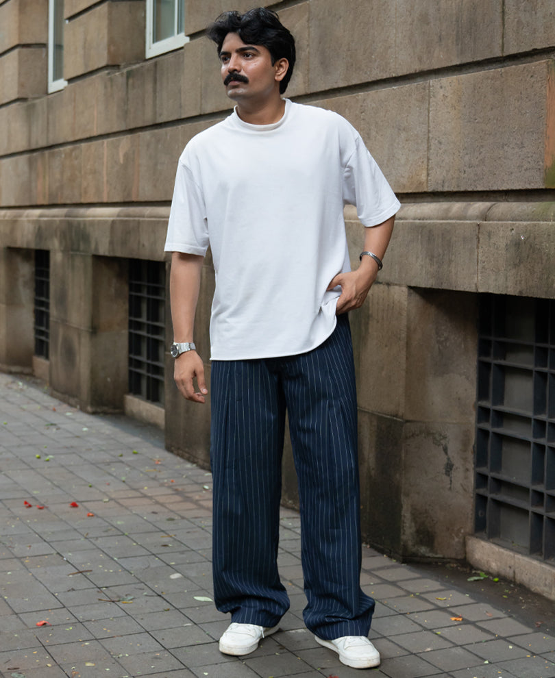 Navy Striped Pleated Trousers
