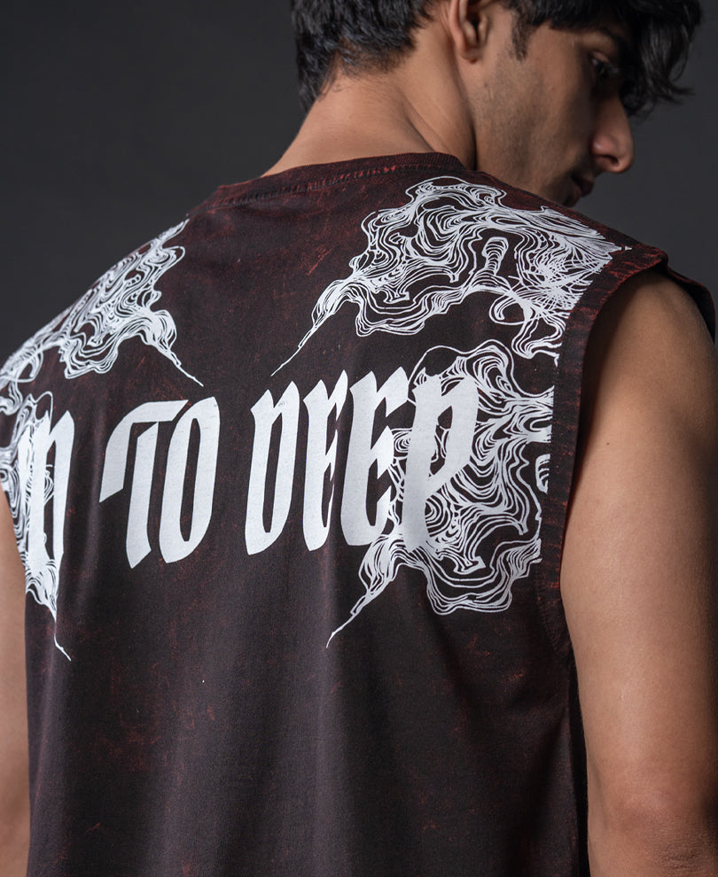 Washed Brown Printed Drop Shoulder Sando.