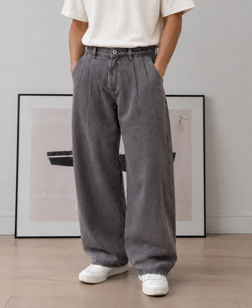 Brown Pleated Washed Barrel Jeans