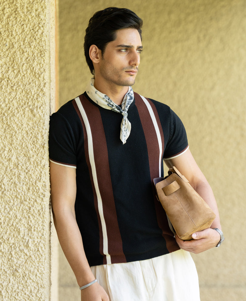 Black Striped Knit T-Shirt