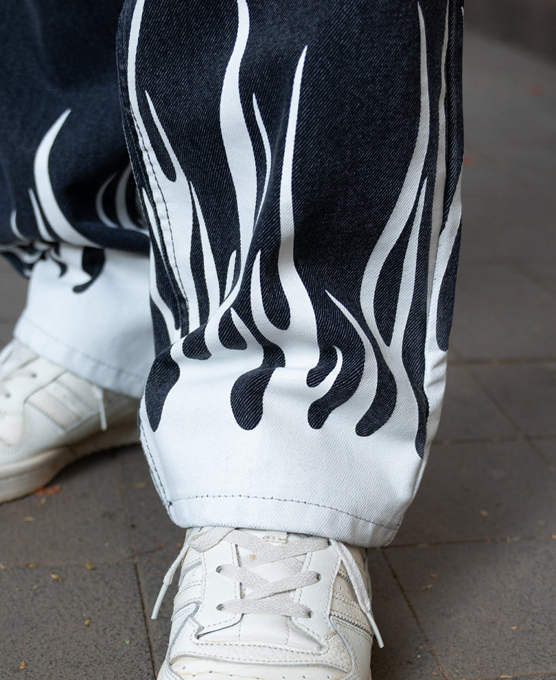 Charcoal Flame Print Baggy Jeans