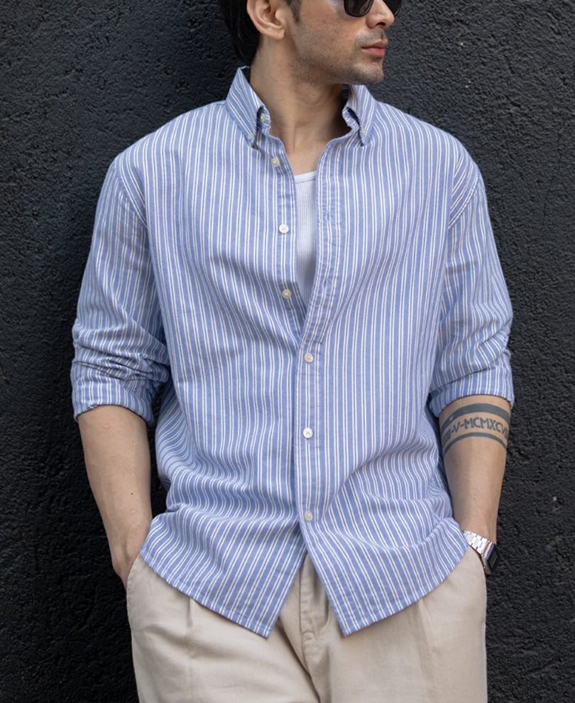 Blue Oxford Stripe Buttondown Shirt.