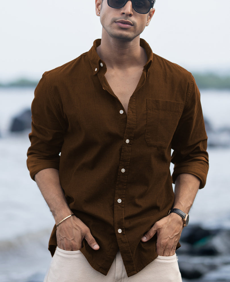 Tan Brown Corduroy Buttondown Shirt.