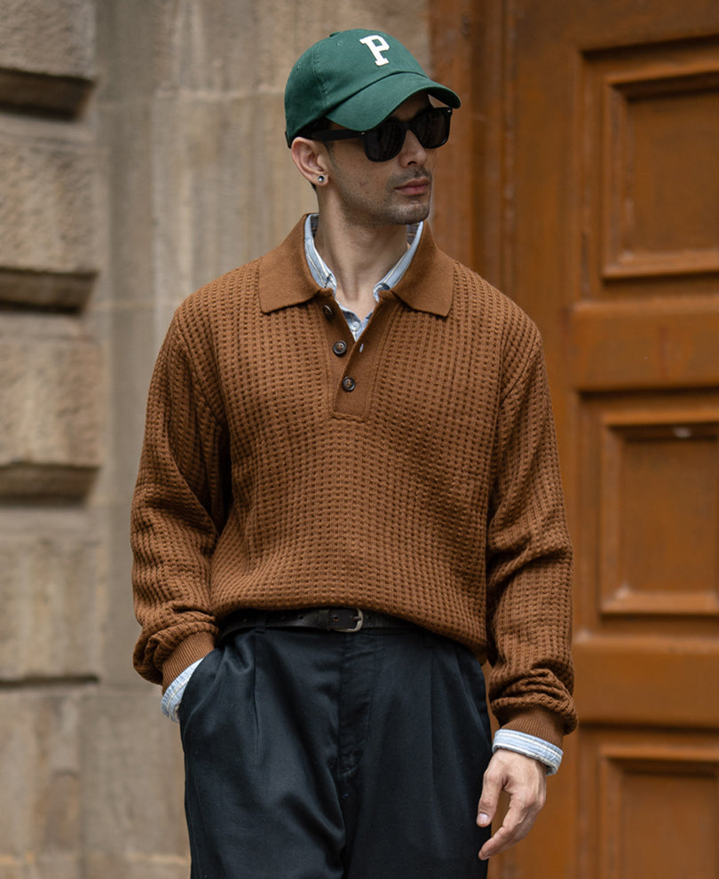 Tan Brown Structured Polo Sweater