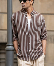 Brown Linen Blend Stripe Shirt.