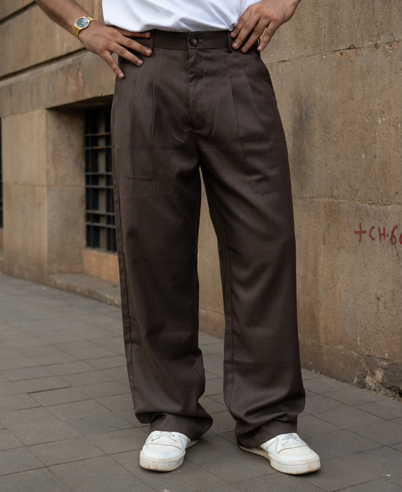 Brown Pleated Baggy Trousers