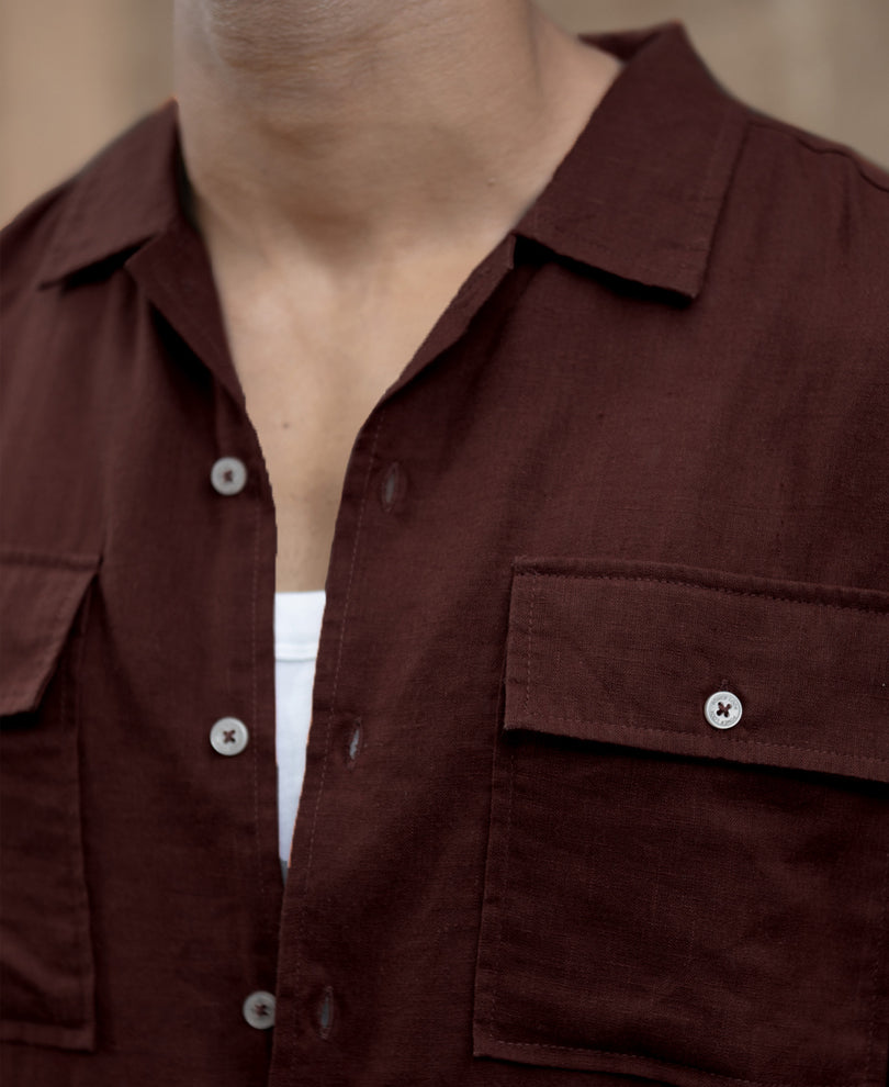 Wine Linen Double Pocket Shirt.