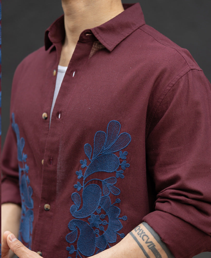 Wine Embroidered Linen Blend Shirt.