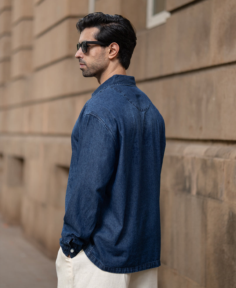 Dark Blue Washed Denim Kurta Shirt