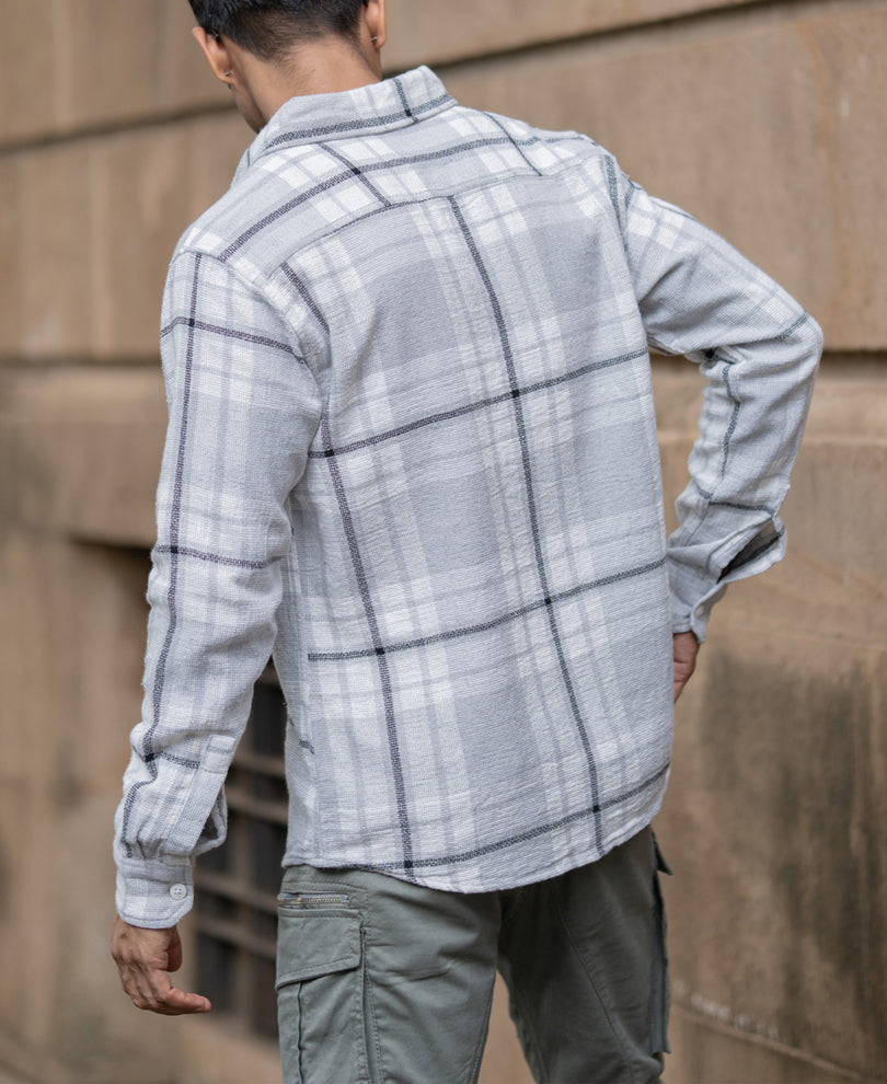 Light Grey Structured Checks Shacket Oversize Drop Shoulder Shirt.