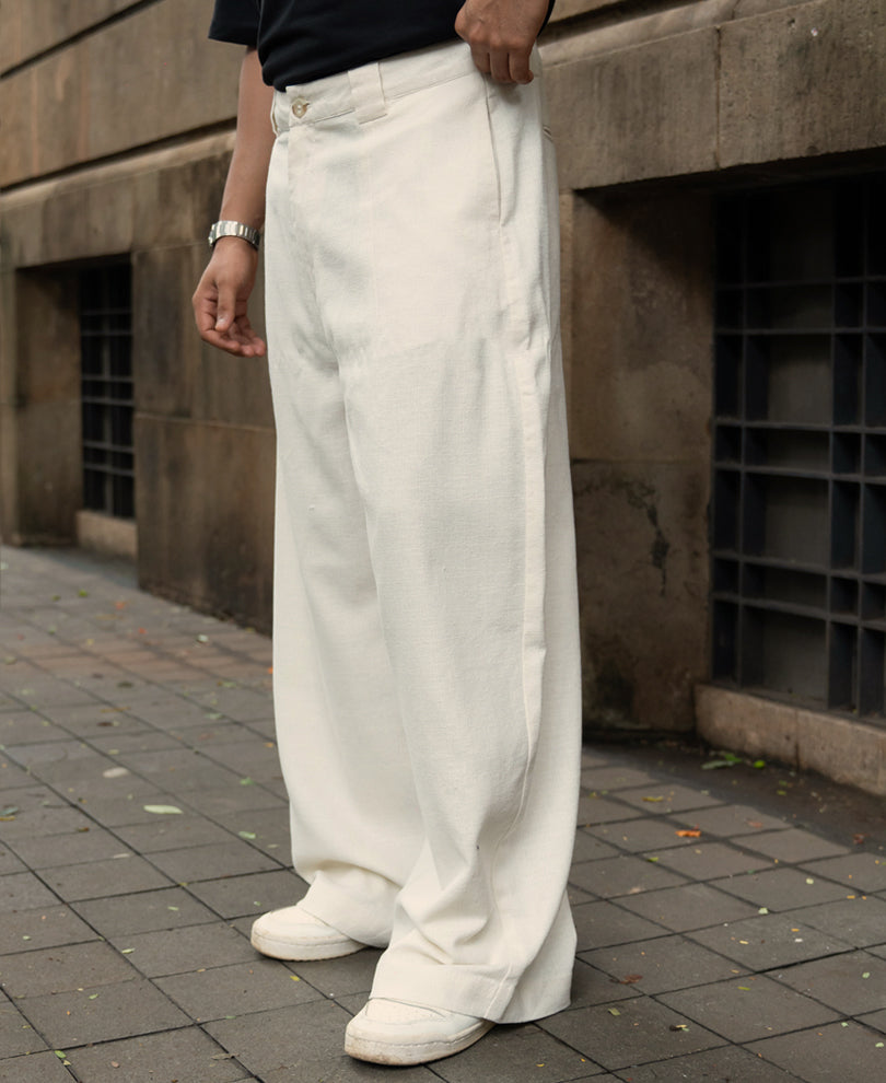 Cream Linen Blend Barrel Fit Pants