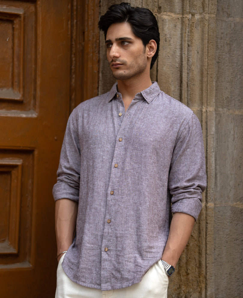 Brown Linen Blend Slub Shirt.