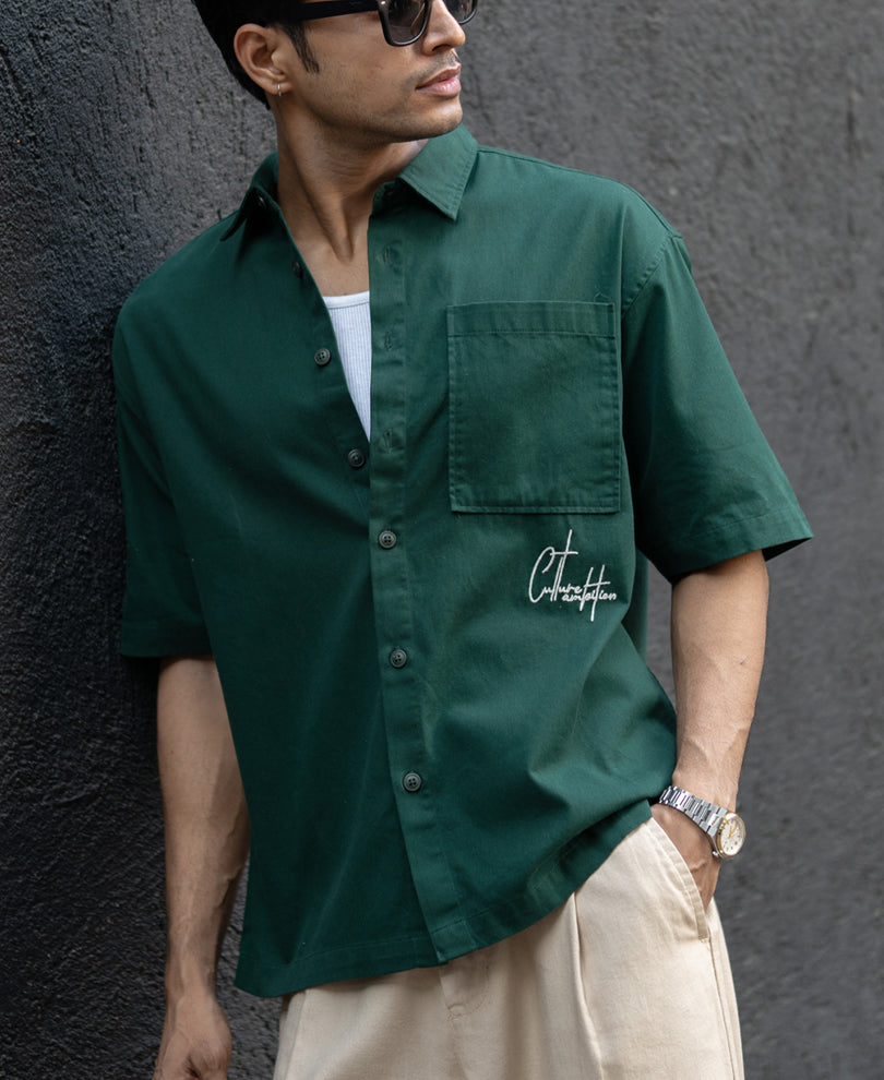 Dark Teal Embroidered Structured Shirt.